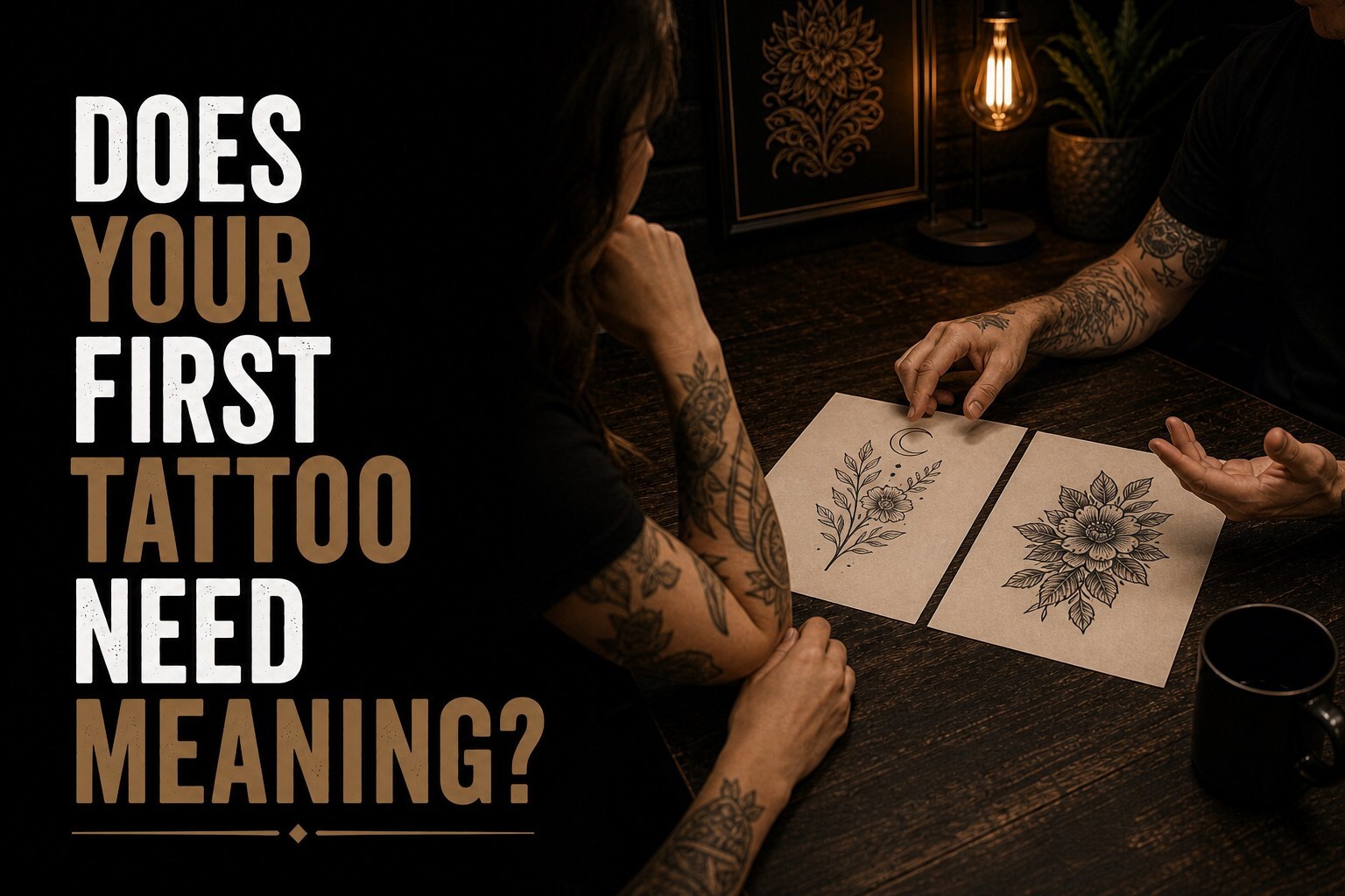 A tattoo consultation comparing two original floral tattoo designs, with the question: Does your first tattoo need meaning?