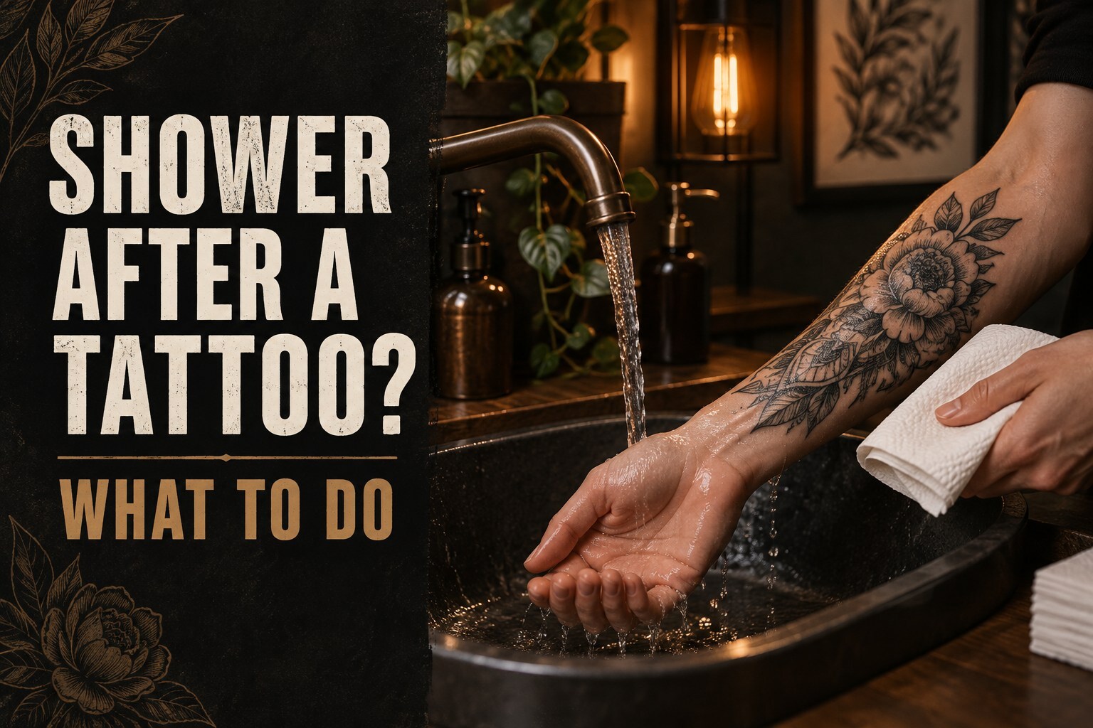 Fresh tattooed forearm being gently rinsed beside the words “Shower After a Tattoo? What to Do”