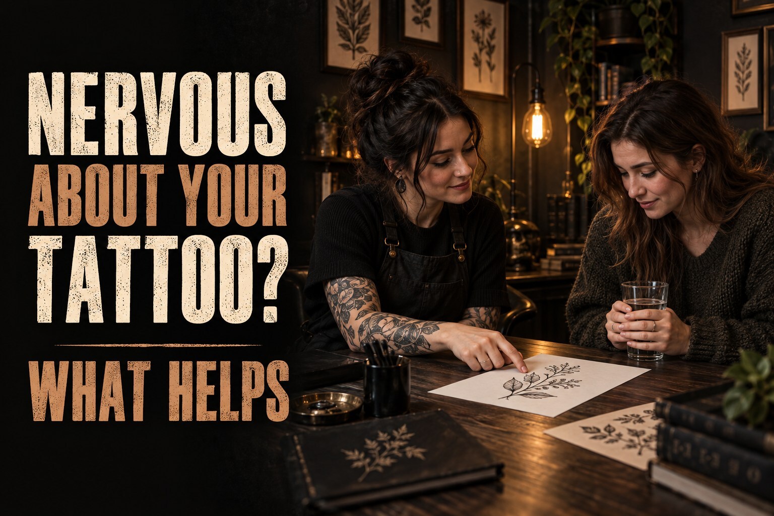 A calm tattoo consultation beside the words “Nervous About Your Tattoo? What Helps”