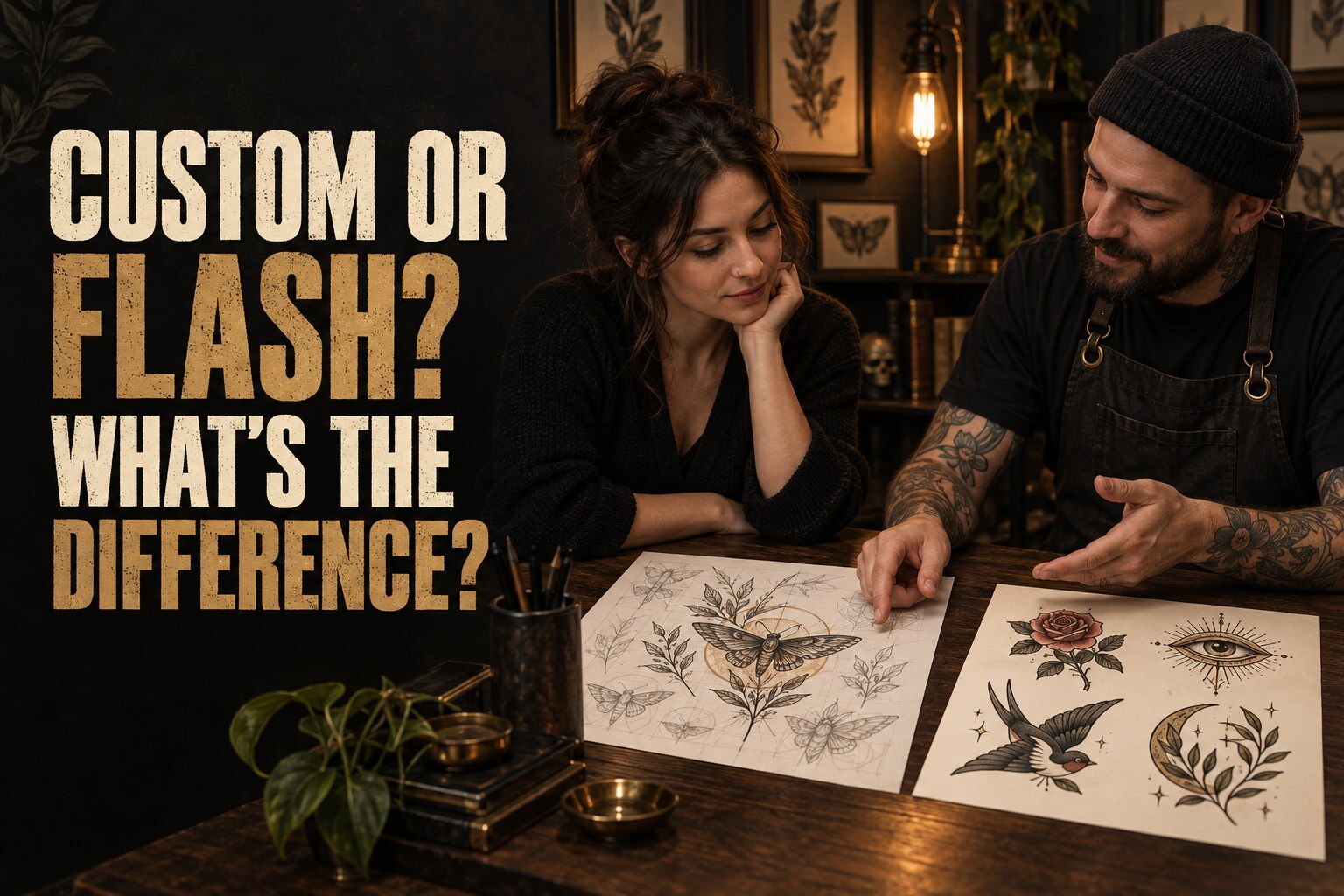 Tattoo artist and client comparing a custom tattoo sketch with a sheet of ready-drawn flash designs