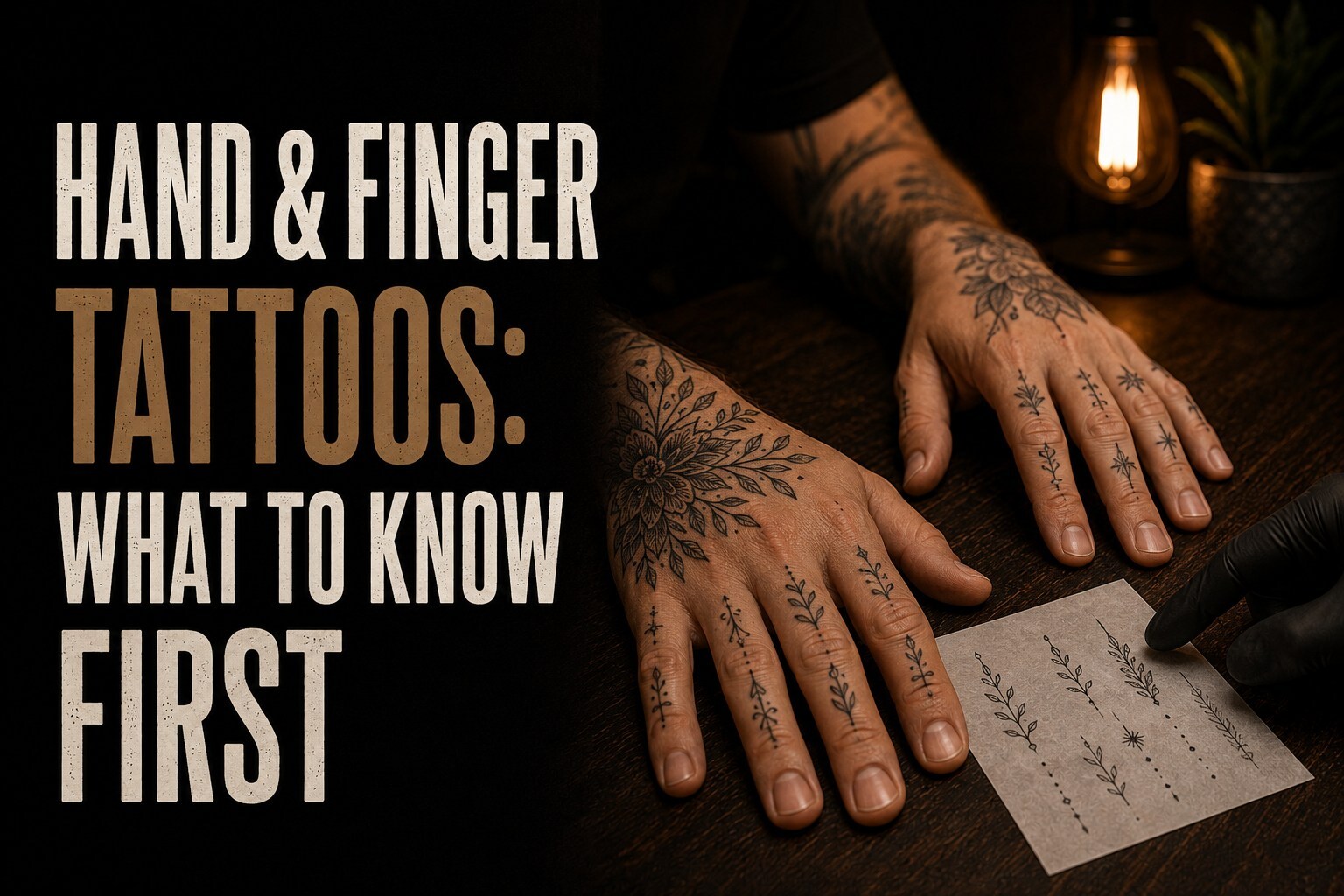 Tattooed hands beside the words “Hand & Finger Tattoos: What to Know First”