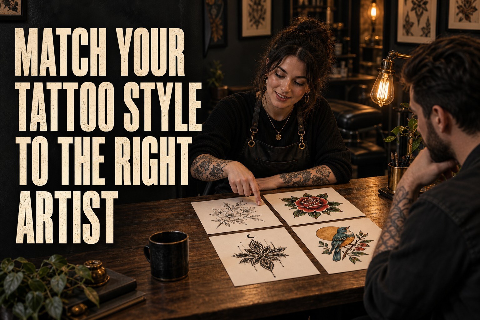 Tattoo artist and client comparing fine-line, traditional, blackwork and colour tattoo designs